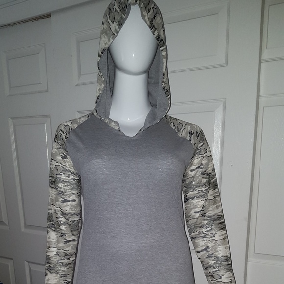 Hooded Dress - Grey with Camo Raglan Sleeves & Front Pocket - Casual Sporty Chic - Picture 3 of 8